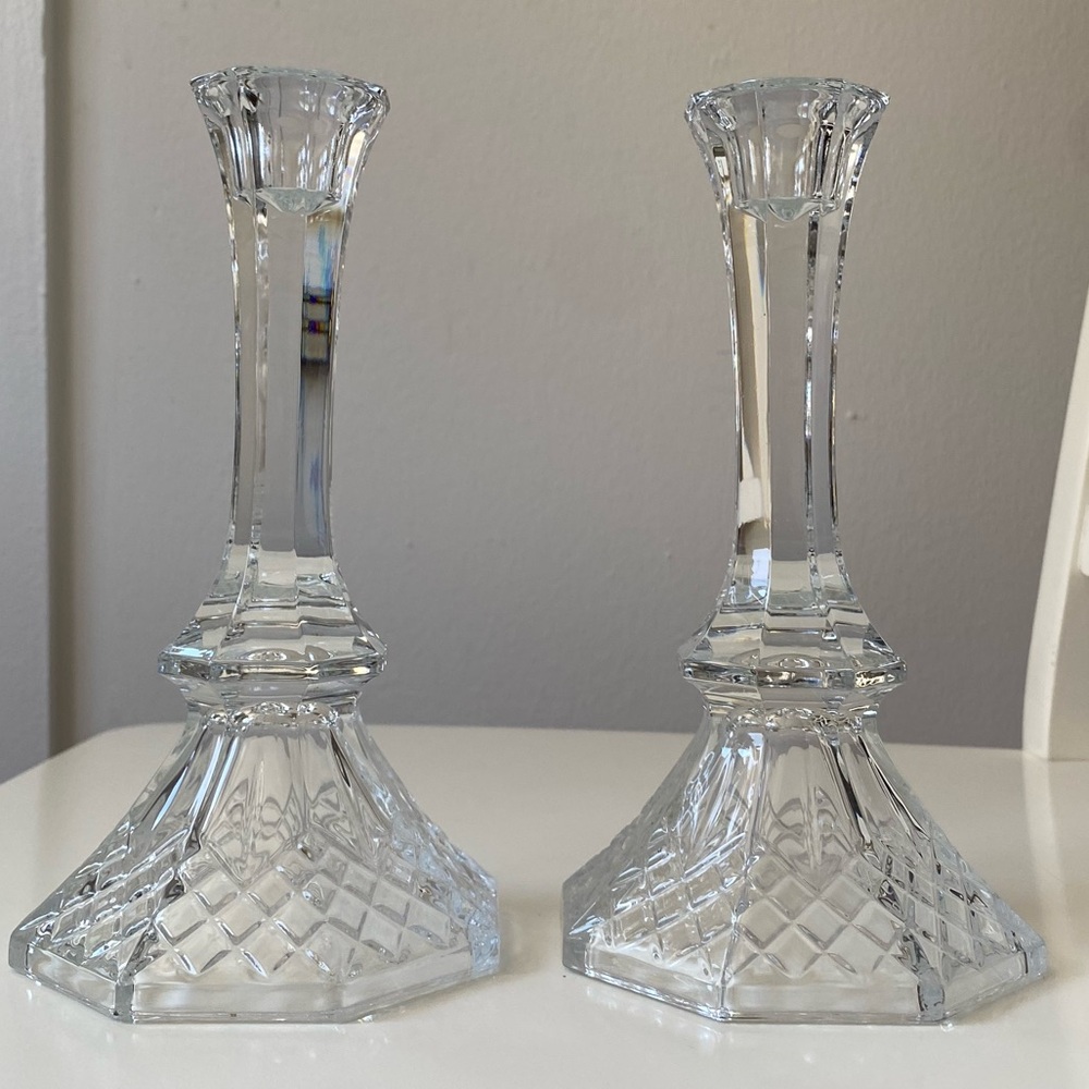 Lead Crystal Vintage Candle Stick Holders 7-3/4" Octagon Pressed Glass Base